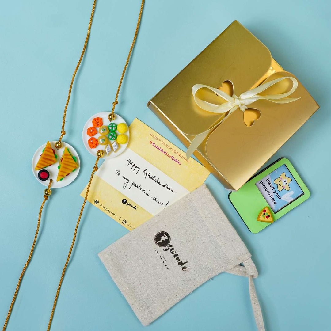 Handmade Miniature Clay Traditional Sweets Rakhi With Roli Chawal - Rakhi set with note and pouch