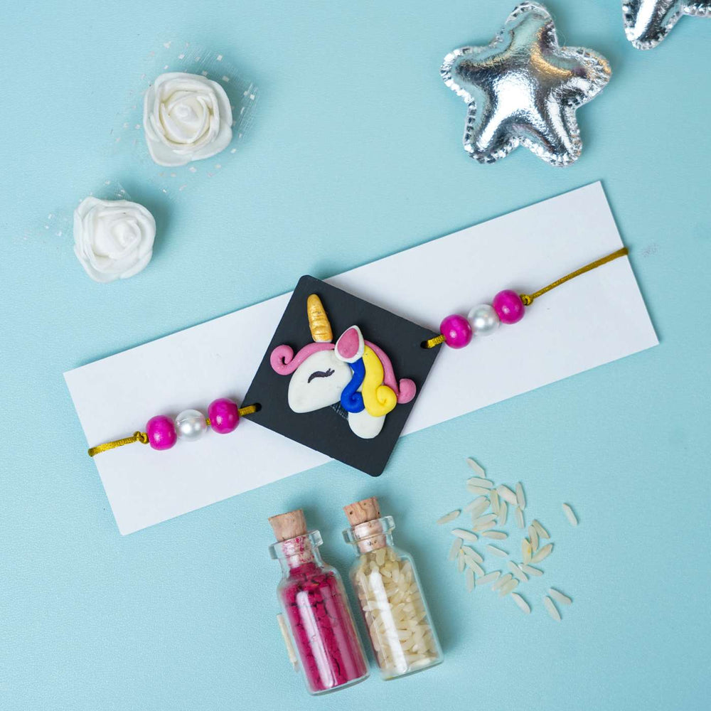 Handmade Miniature Clay Unicorn Kids Rakhi With Roli Chawal - Unicorn Rakhi with Decorative Items