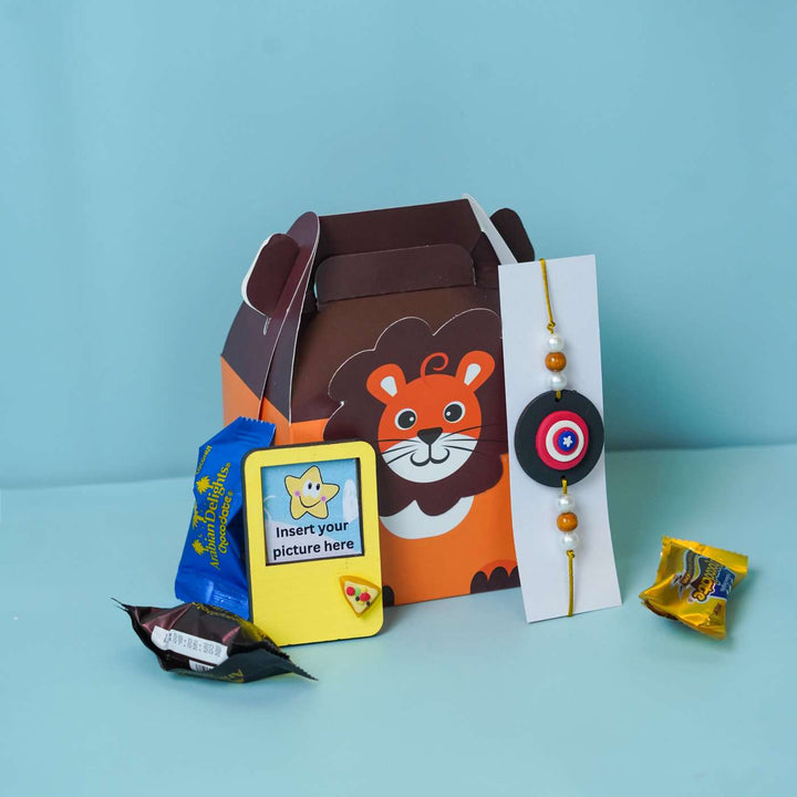 Handmade Miniature Clay Captian America Kids Rakhi With Roli Chawal - Gift Box with Contents