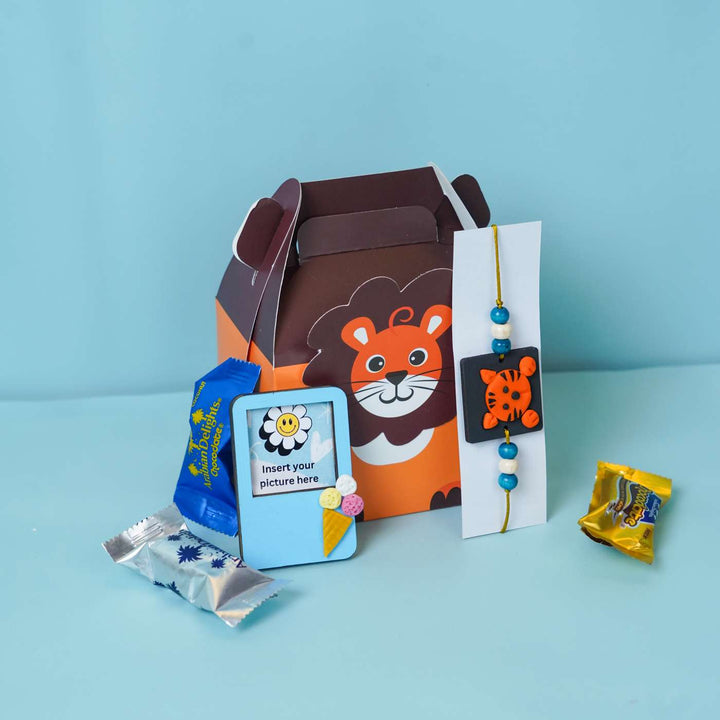 Handmade Miniature Clay Tiger Themed Kids Rakhi With Roli Chawal - Bracelet with gift box and candies