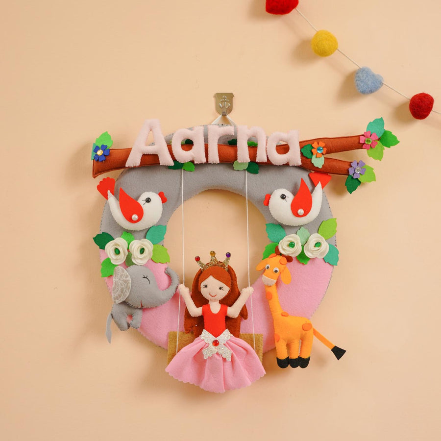 Handcrafted Personalized Animal With Swing Felt Nameplate For Girls - Front View with Name Personalization