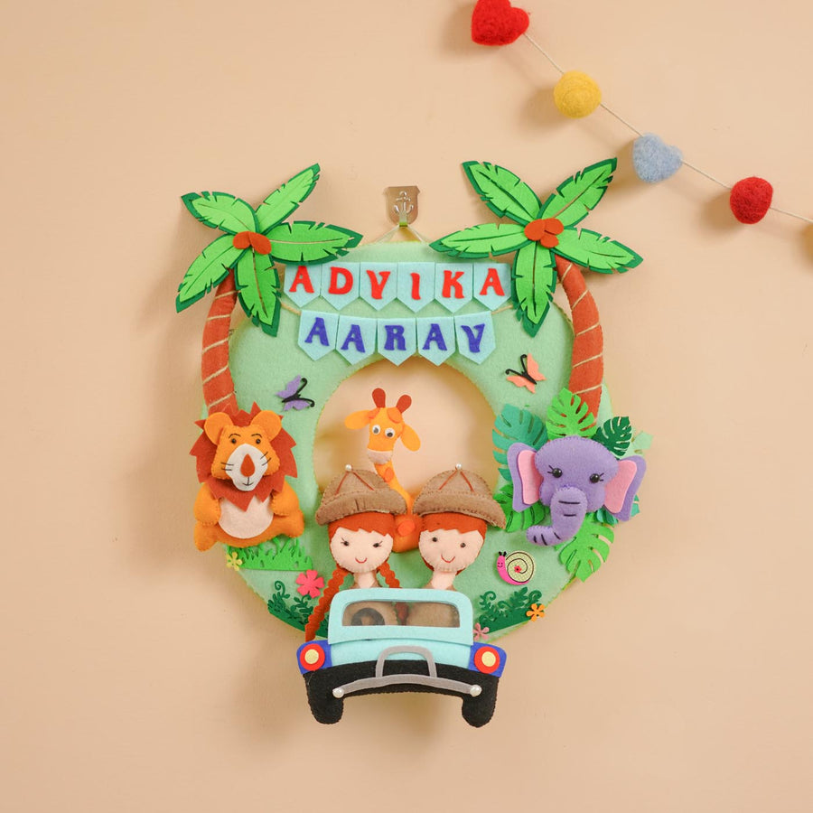 Handcrafted Personalized Jungle Safari Felt Nameplate For Siblings - Front View Hanging on Hook