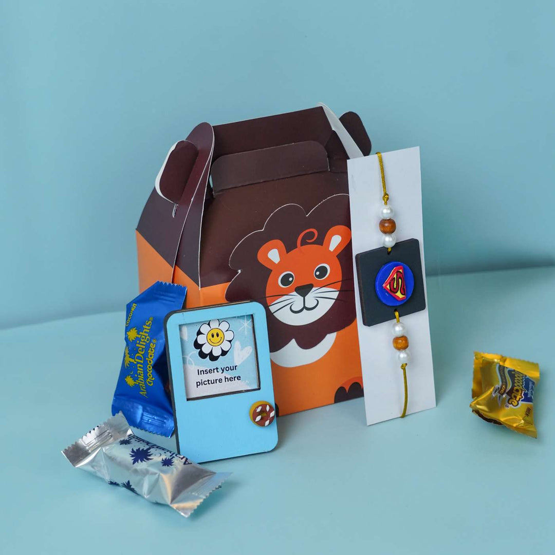 Handmade Miniature Clay Superman Kids Rakhi With Roli Chawal - Gift Box Set with Rakhi and Sweets