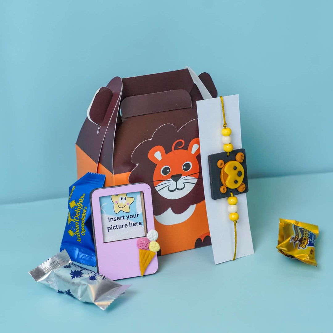 Handmade Miniature Clay Monkey Themed Kids Rakhi With Roli Chawal - Gift Set with Box and Sweets