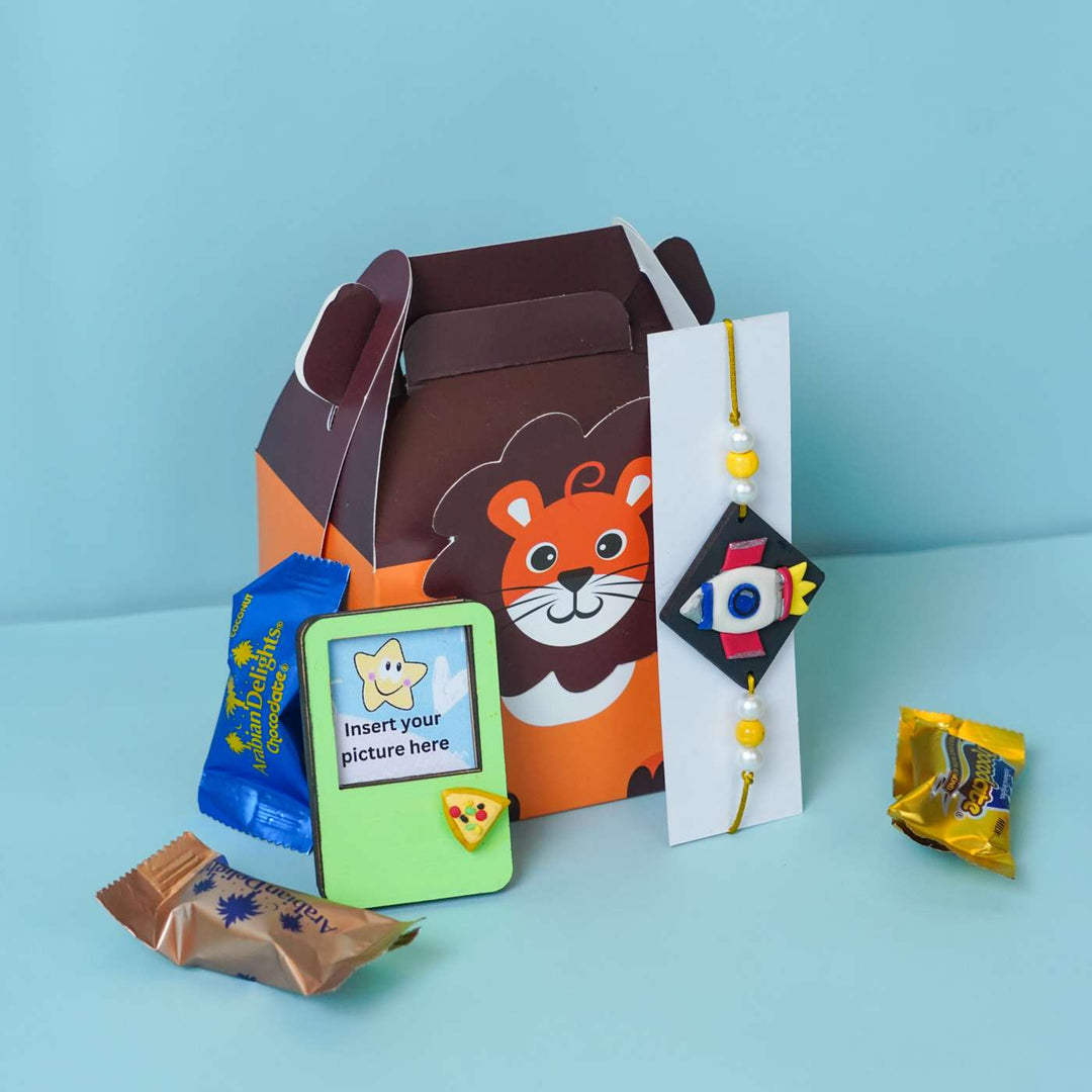 Handmade Miniature Clay Space Rocket Kids Rakhi With Roli Chawal - Gift Box with Included Items