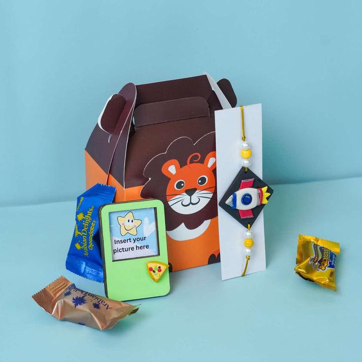 Handmade Miniature Clay Space Rocket Kids Rakhi With Roli Chawal - Gift Box with Included Items