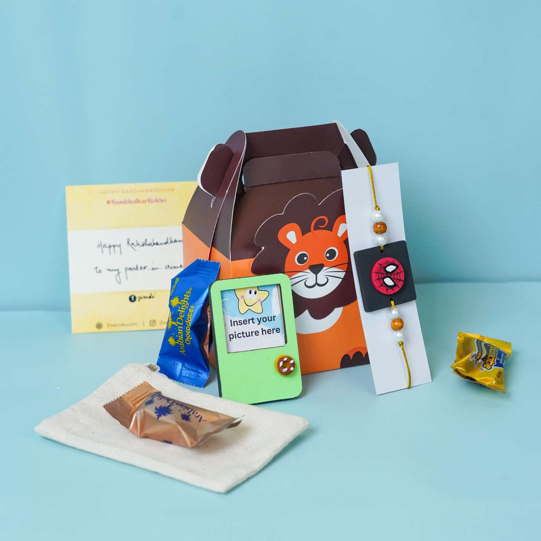 Handmade Miniature Clay Unicorn Kids Rakhi With Roli Chawal - Gift Box with Spider-Man Rakhi and Note