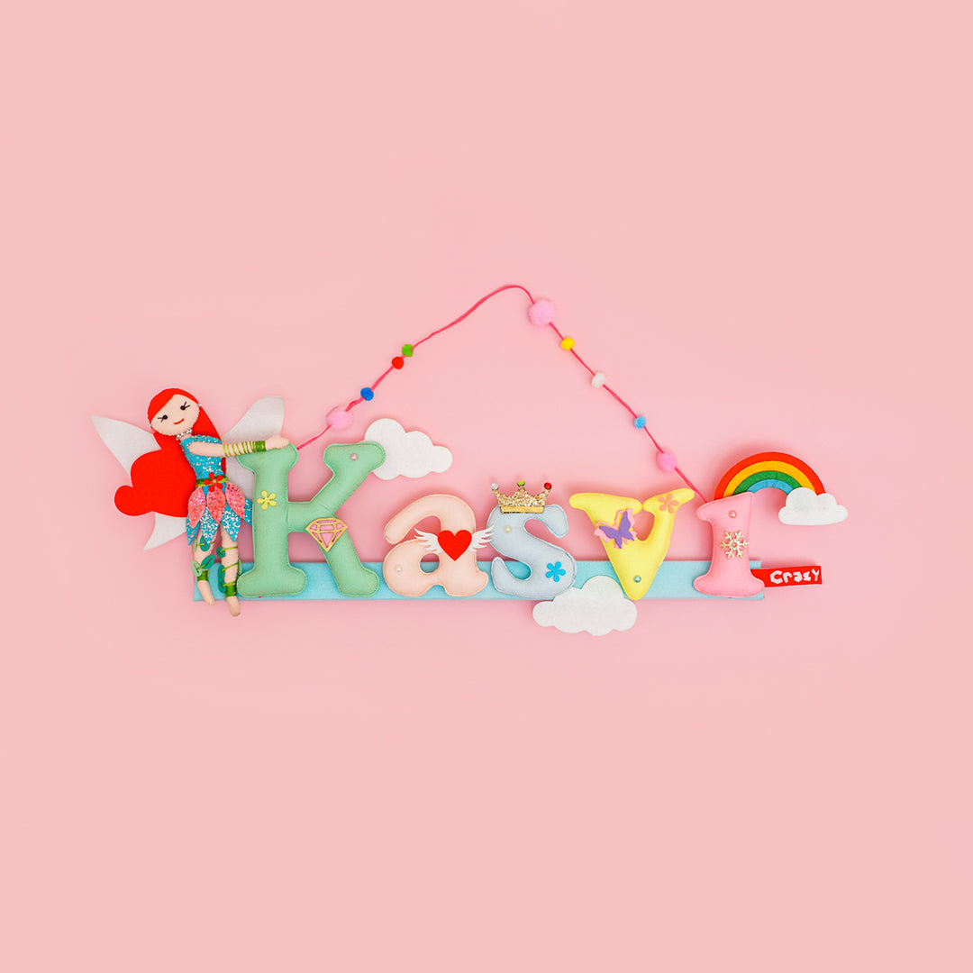 Handcrafted Personalized Jungle Fairy Themed Felt Name Plate For Kids - Front View Hanging on String