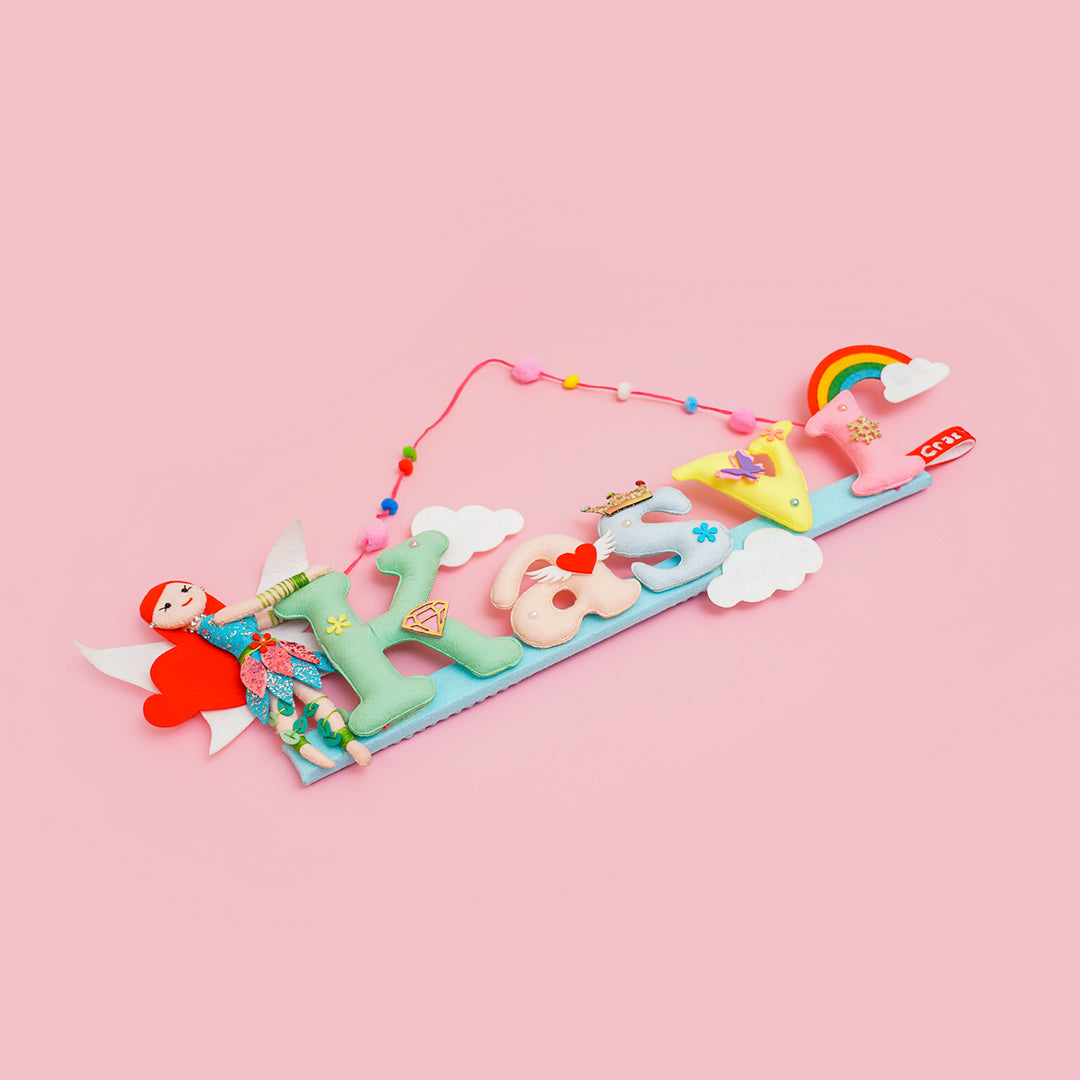 Handcrafted Personalized Jungle Fairy Themed Felt Name Plate For Kids - Lying Flat Showing Full Design