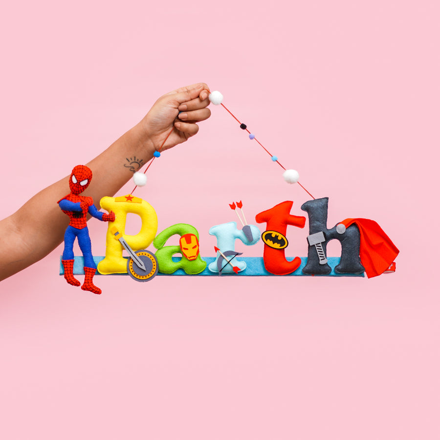 Spiderman Avenger Name Plate For Kids - Hand Holding Personalized Name Banner