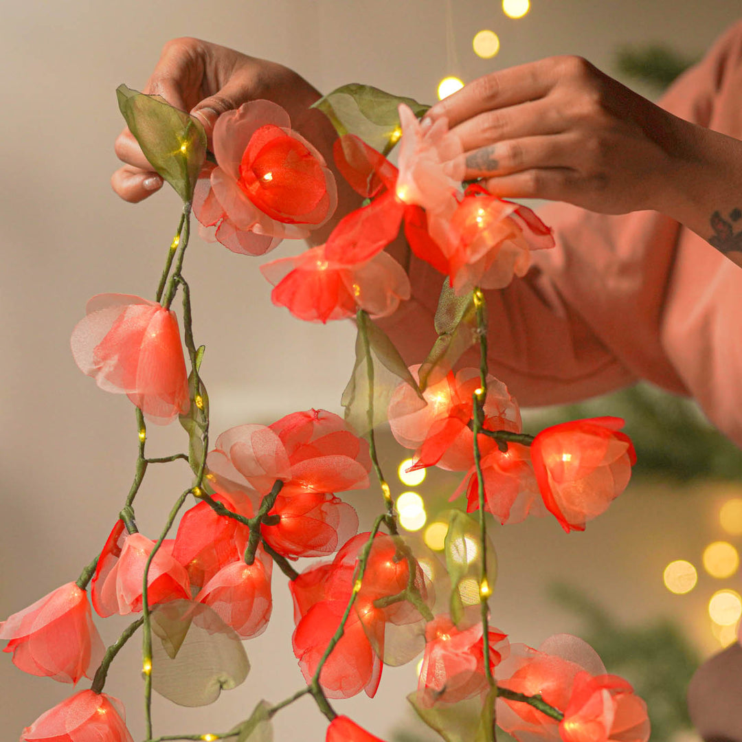 3m, 38 Bulbs | Handcrafted Red & Peach Tissue Flower LED Fairy Lights
