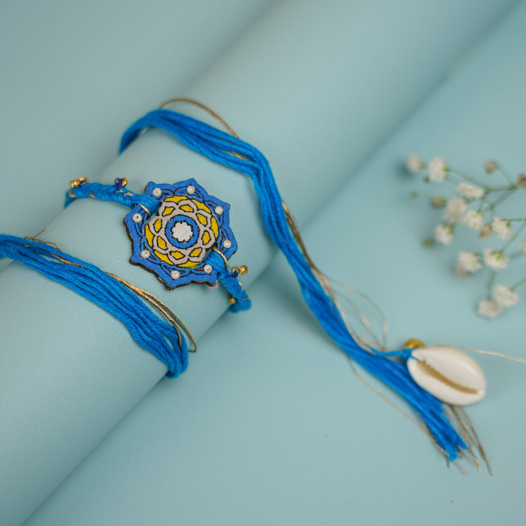 Handmade Blue Jaipuri Ghungroo And Shell Wooden Bhaiya Bhabhi Rakhi With Roli Chawal - Bracelet Layered Styling