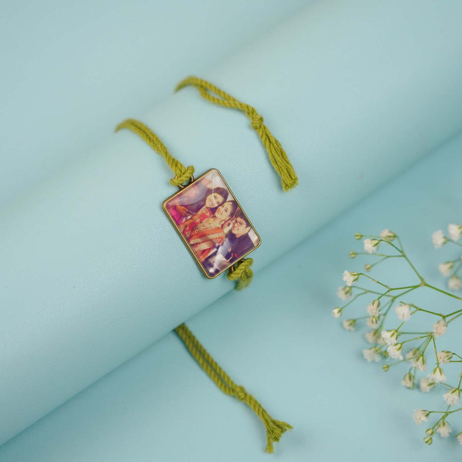 Photo Personalized Handmade Rectangle Antique Bronze Rakhi With Roli Chawal - Close-up of Photo Rakhi