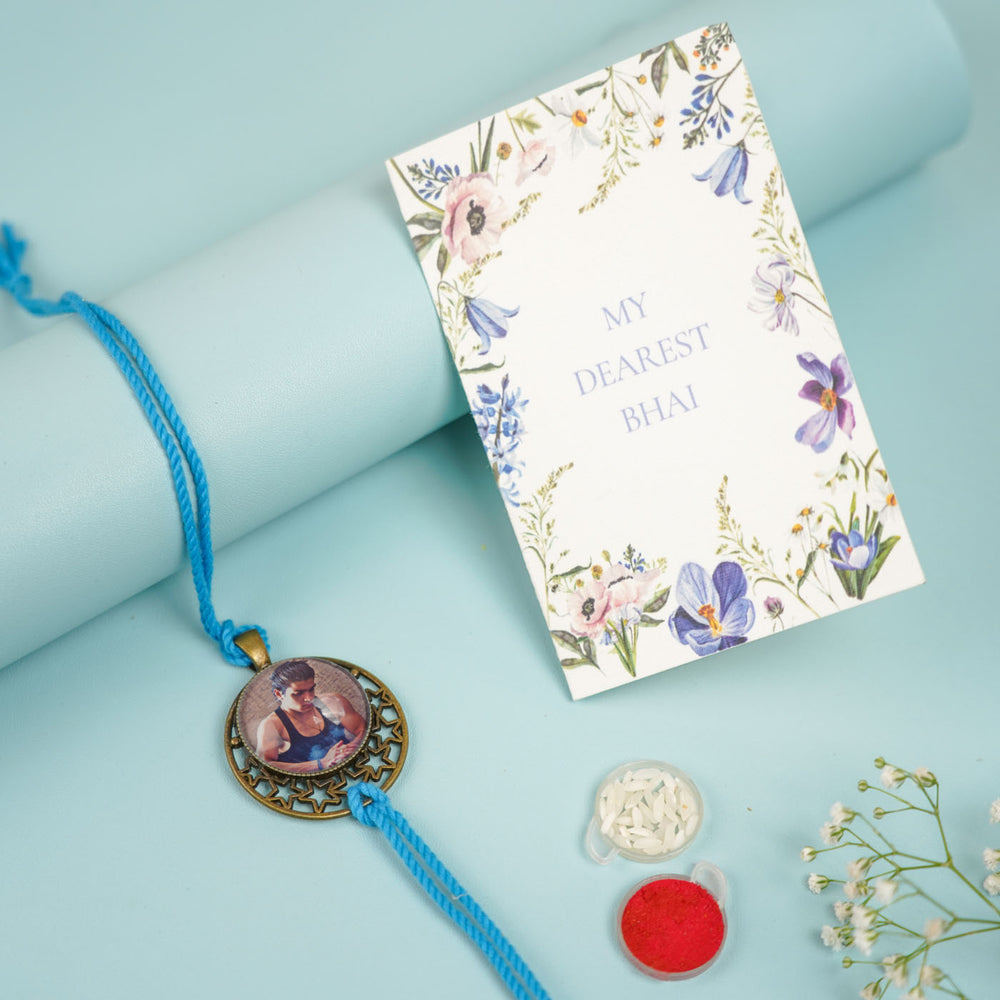 Personalized Reusable Antique Rakhi With Roli Chawal Copy - Bracelet with Card and Accessories