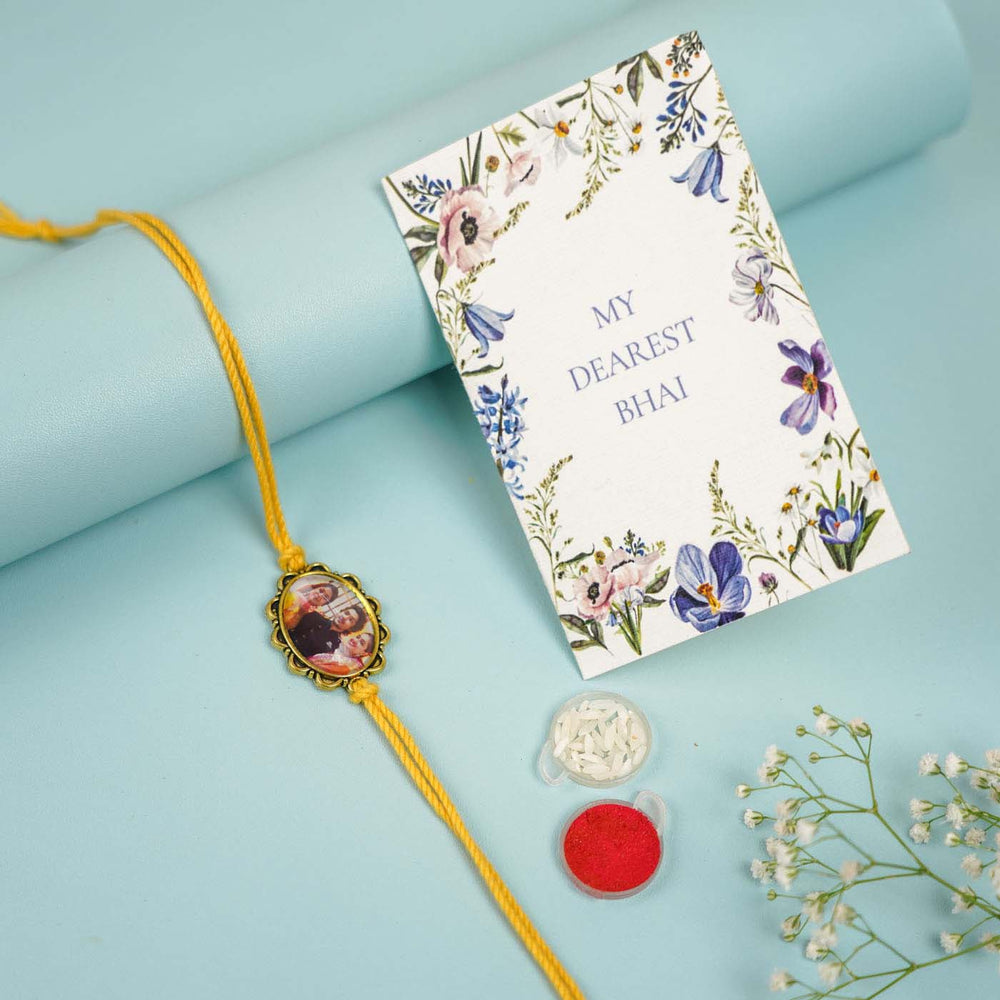 Photo Personalized Handmade Oval Antique Gold Rakhi With Roli Chawal - Bracelet with Card and Accessories