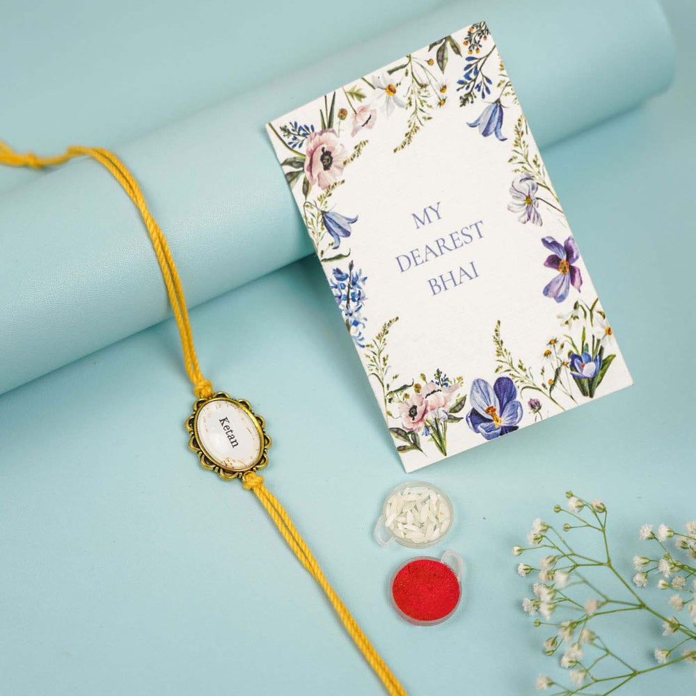 Photo Personalized Handmade Oval Antique Golden Rakhi With Roli Chawal Copy - Accessory Items and Card Included