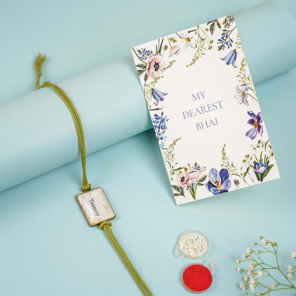 Photo Personalized Handmade Rectangle Antique Bronze Rakhi With Roli Chawal Copy - Gift Set with Card and Items