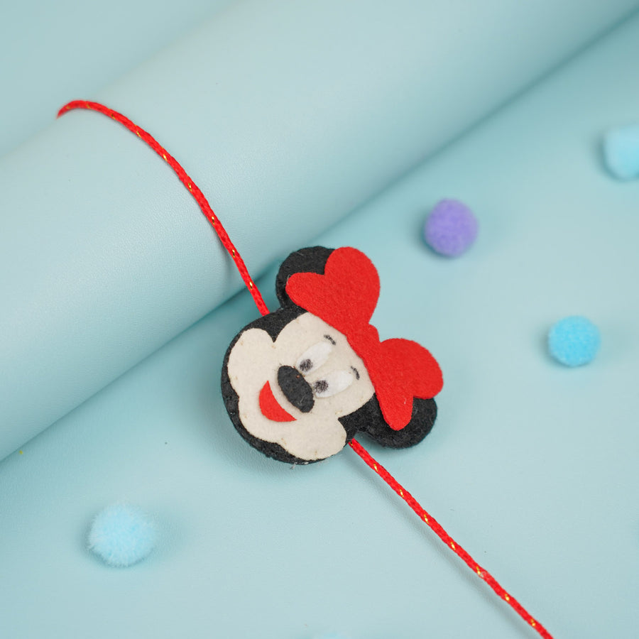 Handmade Beaded Mickey Mouse Theme Pom Pom Felt Rakhi With Roli Chawal For Kids - Close-up on Bracelet Detail