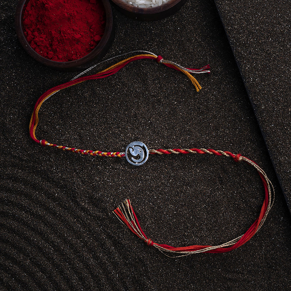 Handmade Deva 925 Silver Rakhi With Roli Chawal For Brother - Full Product Layout with Accessories
