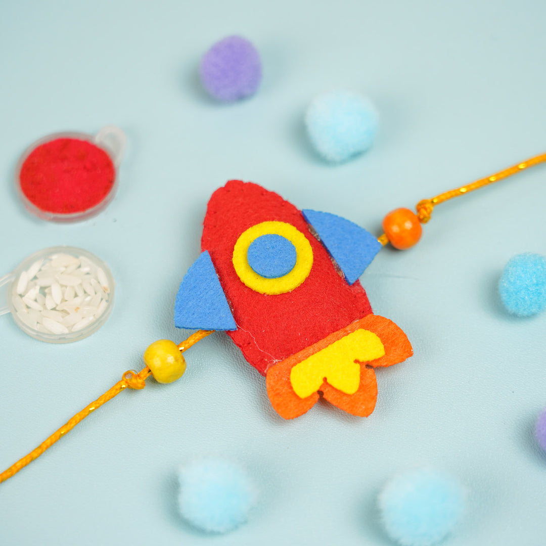 Handmade Beaded Rocket Theme Felt Rakhi With Roli Chawal For Kids - Back View