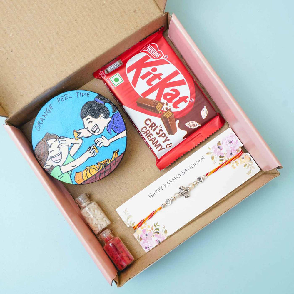 Hand Painted Caricature Magnet Rakhi Hamper With Chocolates Roli Chawal For Sisters Set Of 8 - Boxed Gift Set with Chocolates