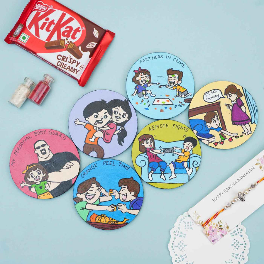 Hand Painted Caricature Mdf Wood Rakhi Hamper With Chocolates And Roli Chawal For Brother Set Of 8 - Top View of Circular Cards