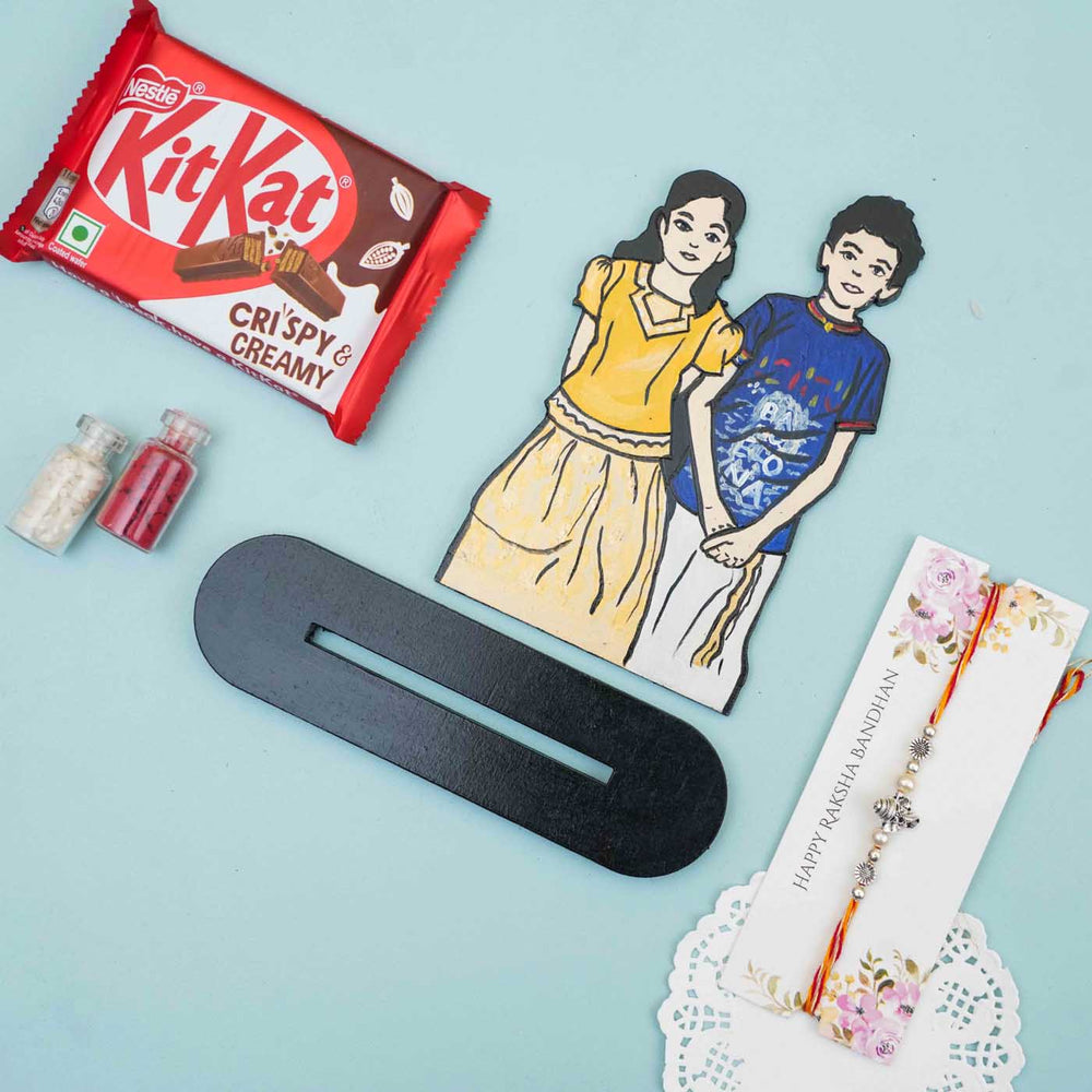 Photo Personalized Hand Painted Caricature Cutout With Stand Rakhi Gift With Chocolates And Roli Chawal Set Of 3 - Disassembled Components Layout