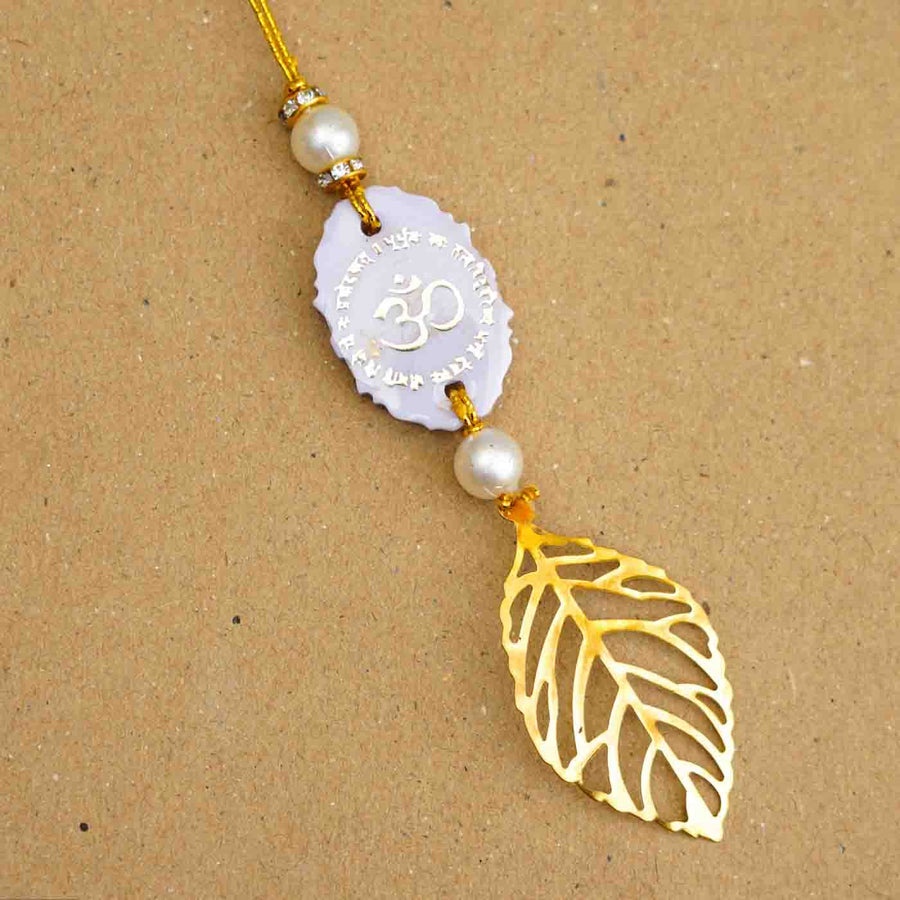 Personalized Handmade Lavendar Resin Lumba Rakhi For Bhabhi With Roli Chawal - Close-up Front View