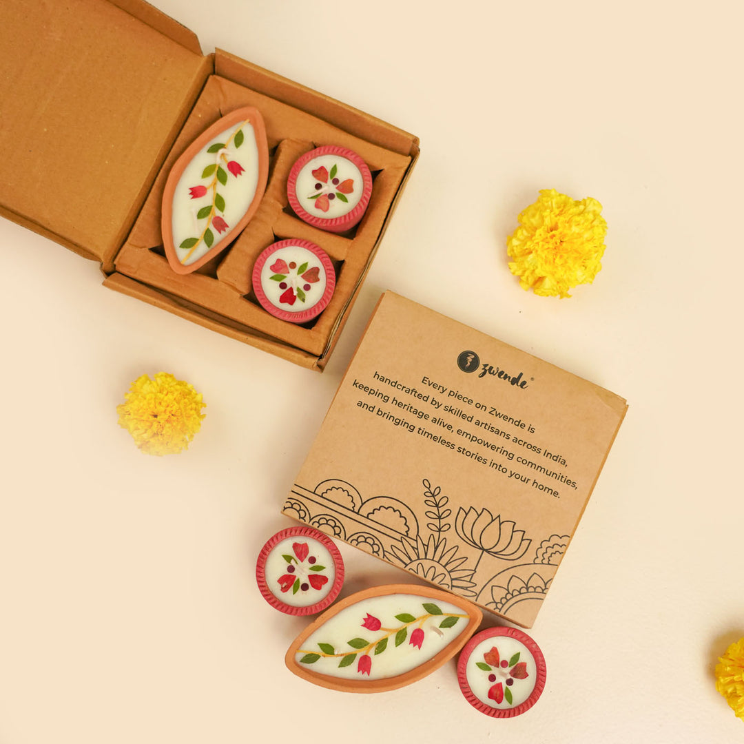 6 Diyas | Soy Wax & Dry Flower Terracota Festive Diyas | 2 Boxes, 3 Diyas per Box