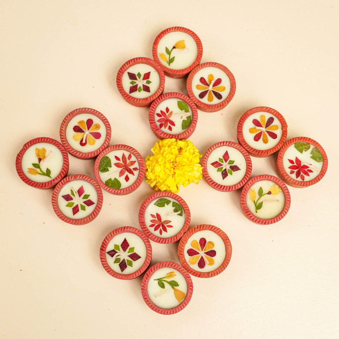 16 Diyas | Soy Wax & Dry Flower Terracota Festive Diyas | 2 Boxes, 8 Diyas per Box