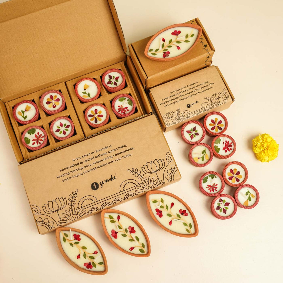 Set of 20 | Soy Wax & Dry Flower Terracota Festive Diyas | 4 Boat Diyas + 16 Round Diyas
