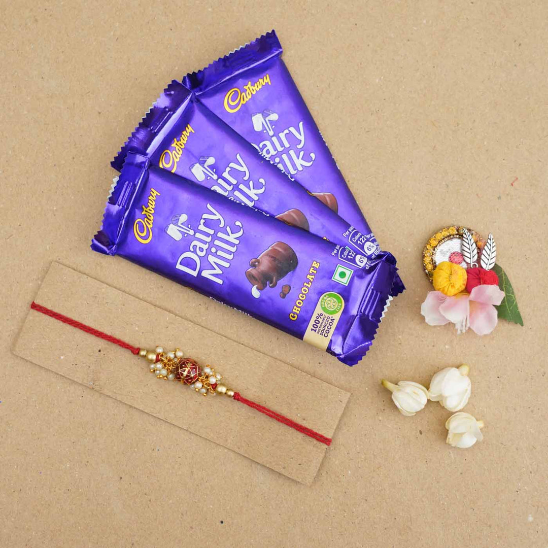 Handmade Red Meena Bead Pearl Rakhi With Roli Chawal - Rakhi with chocolates gift set