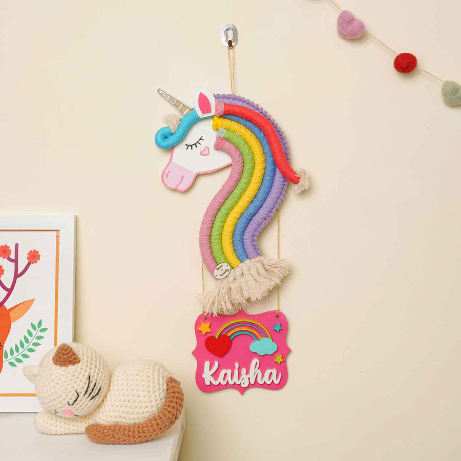Personalized Handmade Macrame Unicorn Kids Name Plate With 3D Letters - Hanging on Wall with Name Tag