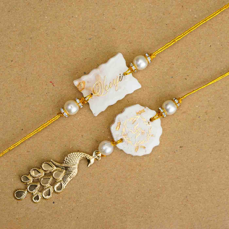Personalized Handmade White Resin Bhaiya Bhabhi Rakhi With Roli Chawal Set Of 2 - Close-up of two bracelets
