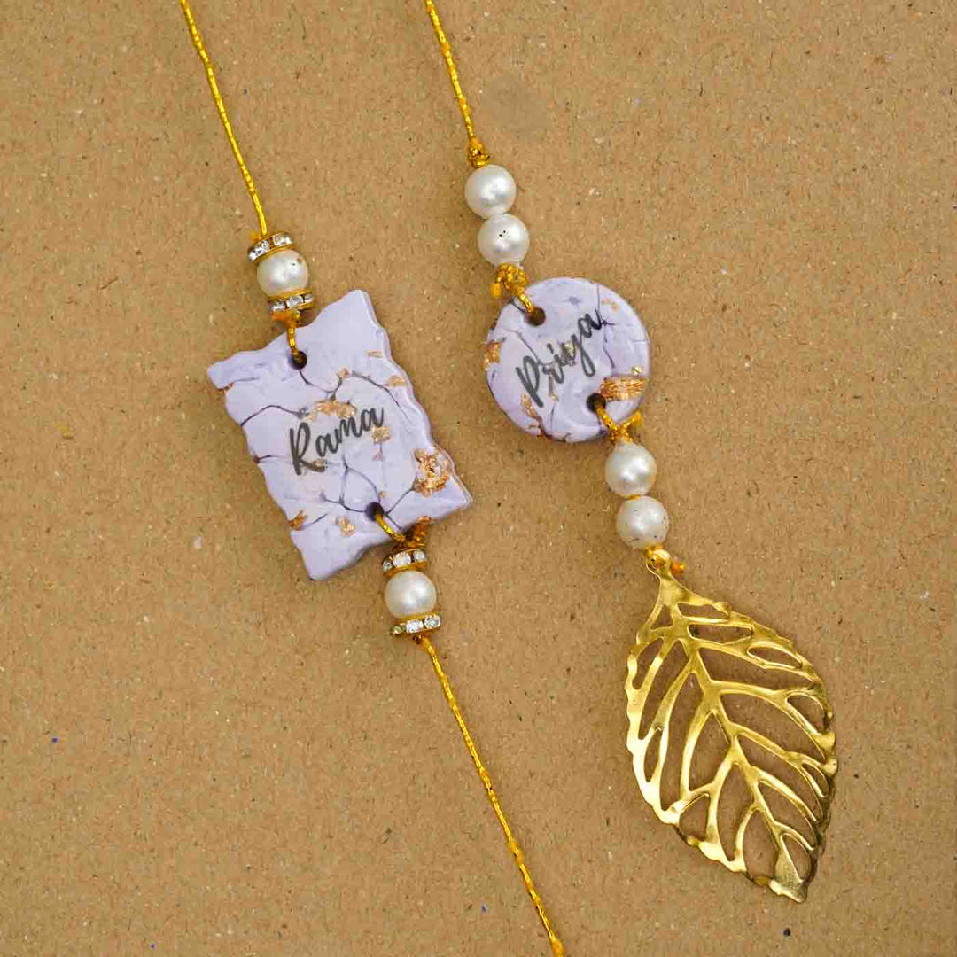 Personalized Handmade Lavendar Resin Bhaiya Bhabhi Rakhi With Roli Chawal Set Of 2 - Close-up Front View Pair