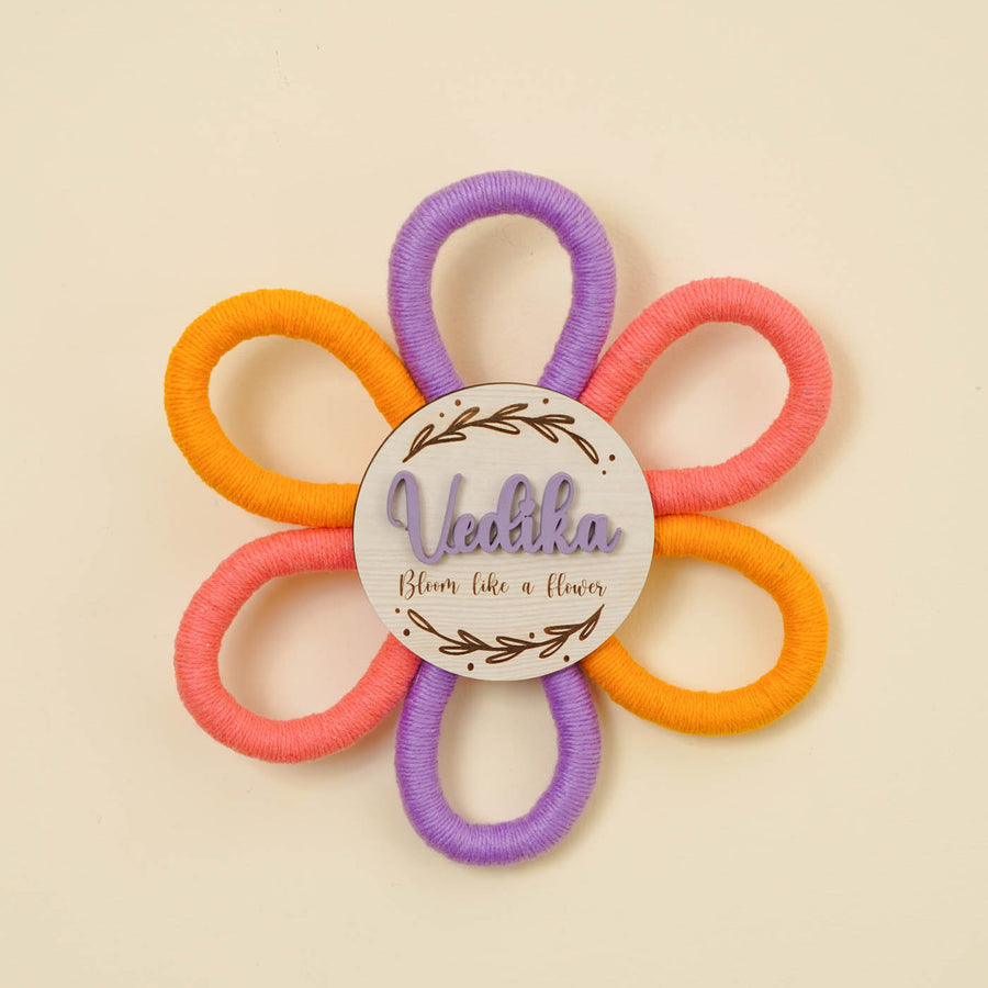 Personalized Handmade Macrame Flower Bloom Kids Name Plate With 3D Letters - Top-Down View with Name Personalization