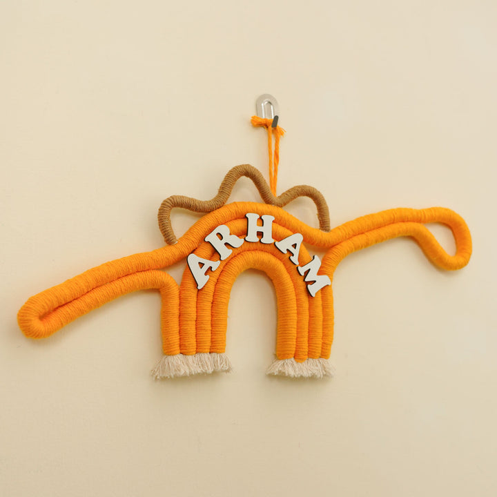 Personalized Handmade Macrame Dinosaur Kids Name Plate With 3D Letters - Hanging Front View with Name Personalization