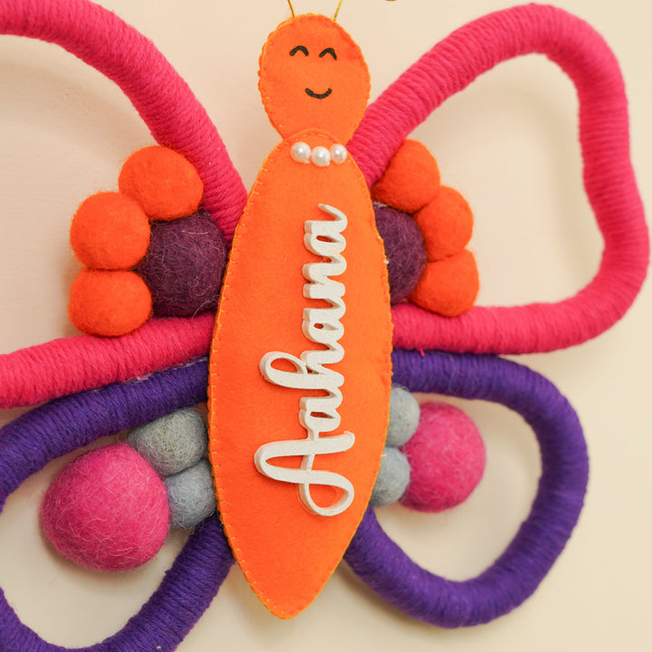 Personalized Handmade Macrame Butterfly Kids Name Plate With 3D Letters - Name Personalization Close-up