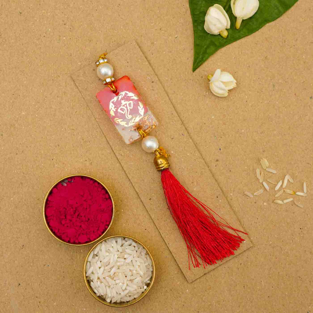 Personalized Handmade Red Resin Lumba Rakhi For Bhabhi With Roli Chawal - Rakhi Thread in Packaging Tray