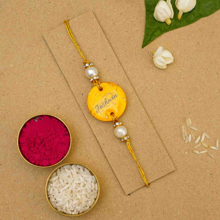 Personalized Handmade Yellow Resin Rakhi With Roli Chawal - Bracelet with Rice and Kumkum (6)