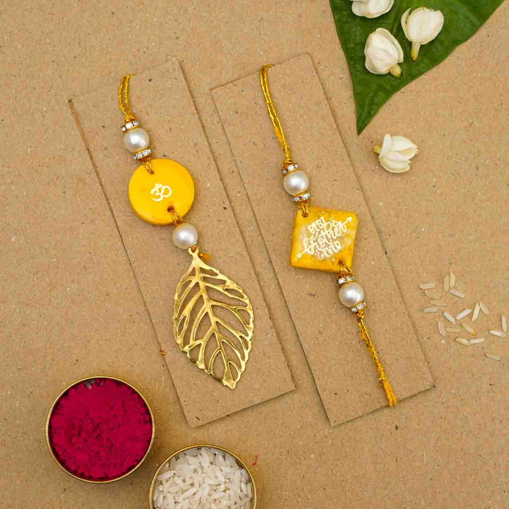 Personalized Handmade Yellow Resin Bhaiya Bhabhi Rakhi With Roli Chawal Set Of 2 - Packaged on cardboard cards