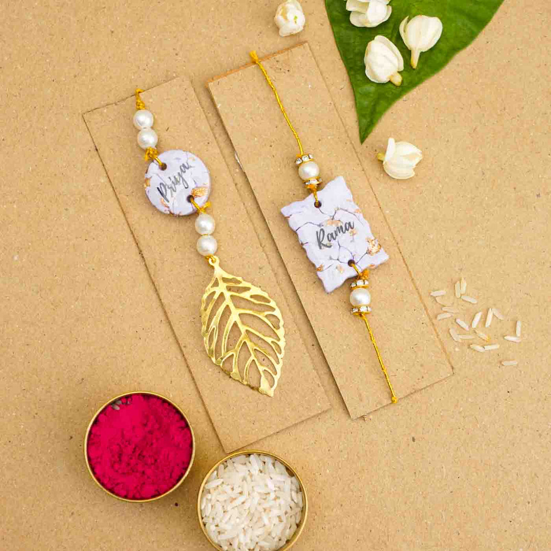 Personalized Handmade Lavendar Resin Bhaiya Bhabhi Rakhi With Roli Chawal Set Of 2 - Alternate Close-up Name Personalization