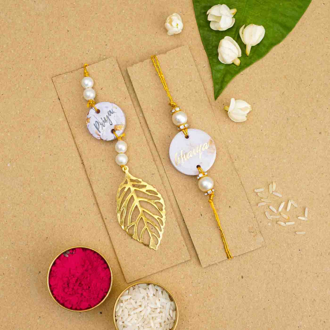 Personalized Handmade Lavendar Resin Bhaiya Bhabhi Rakhi With Roli Chawal Set Of 2 - Front View on Card with Items