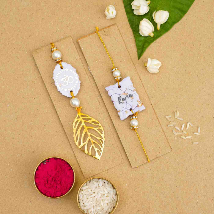 Personalized Handmade Lavendar Resin Bhaiya Bhabhi Rakhi With Roli Chawal Set Of 2 - Front View with Alternate Name