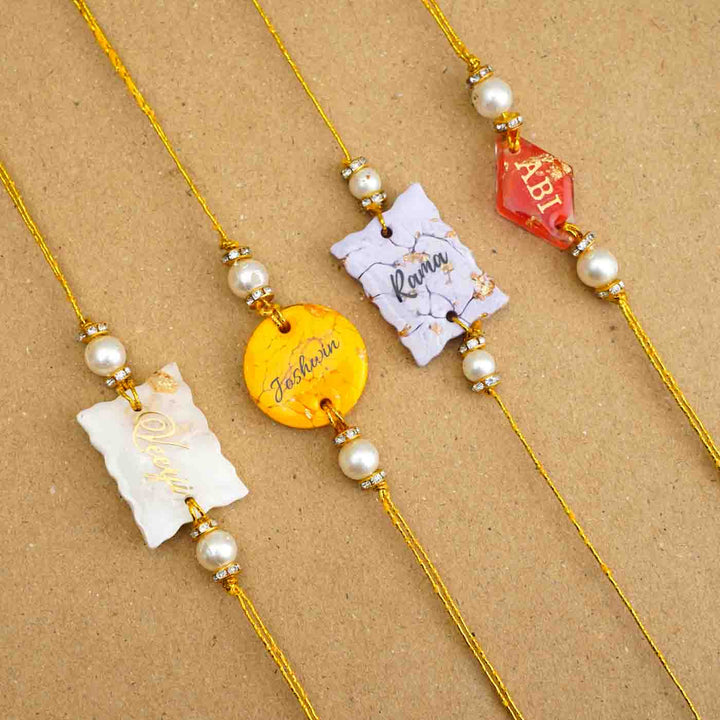 Personalized Handmade Lavendar Resin Rakhi With Roli Chawal - Multiple Name Personalizations Display
