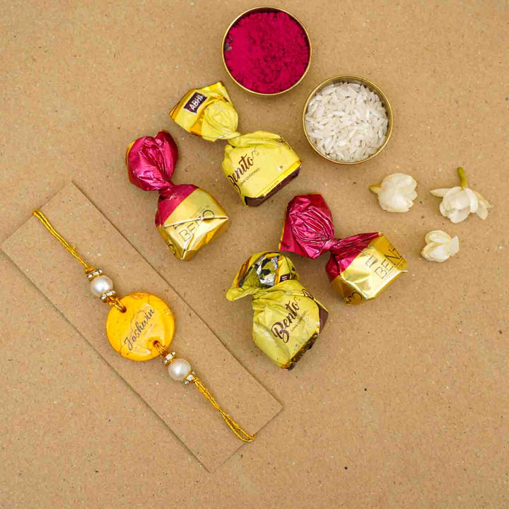 Personalized Handmade Yellow Resin Rakhi With Roli Chawal - Bracelet with Chocolates and Flowers (8)