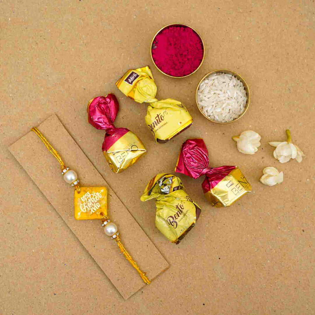 Personalized Handmade Yellow Resin Rakhi With Roli Chawal - Bracelet with Chocolates and Flowers
