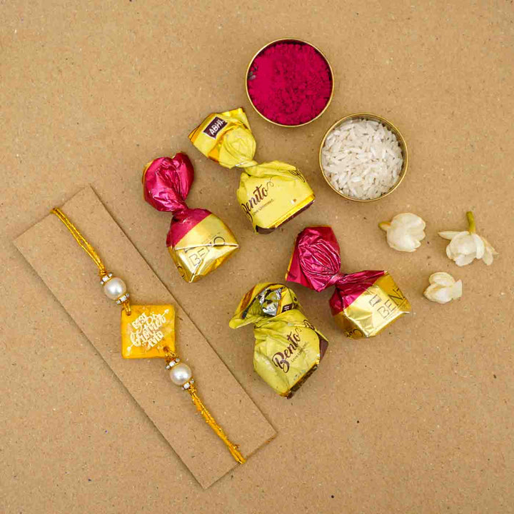 Personalized Handmade Yellow Resin Rakhi With Roli Chawal - Bracelet with Chocolates and Flowers