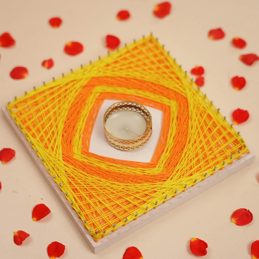 Handmade String Art Sunshine Design Wooden Tealight Holder With Tealight Candle