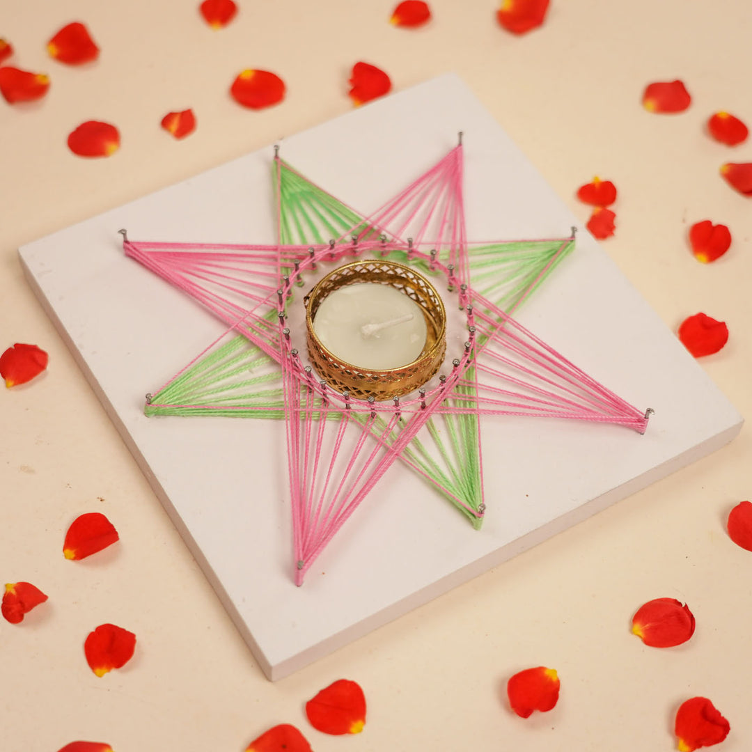 Handmade String Art Flower Design Wooden Tealight Holder With Tealight Candle